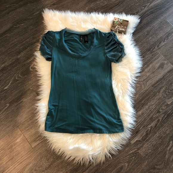 Bisou Bisou Tops - Bisou Bisou Beautiful Blue Teal Chiffon Lace Top